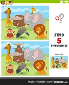 Cartoon illustration of finding the differences between pictures educational game for kids with wild animal characters