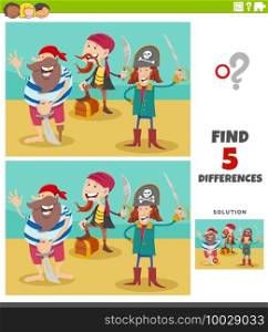 Cartoon illustration of finding the differences between pictures educational game for kids with pirate characters and treasure