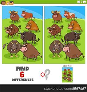 Cartoon illustration of finding the differences between pictures educational game with bulls farm animal characters