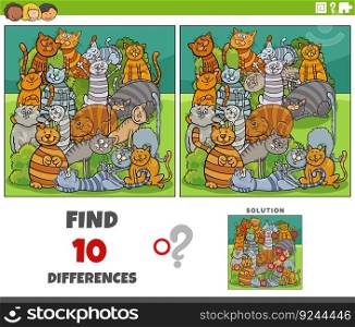 Cartoon illustration of finding the differences between pictures educational game with cats animal characters