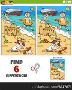 Cartoon illustration of finding the differences between pictures educational game with children on the beach at the seaside