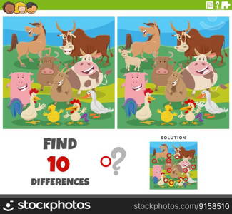 Cartoon illustration of finding the differences between pictures educational game with comic farm animal characters