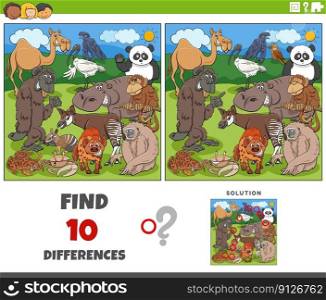 Cartoon illustration of finding the differences between pictures educational game with comic wild animal characters