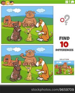 Cartoon illustration of finding the differences between pictures educational game with dogs comic animal characters group