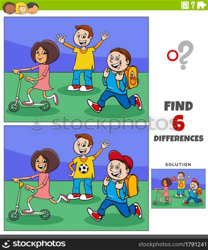 Cartoon illustration of finding the differences between pictures educational game with elementary age children