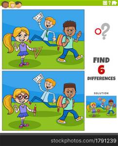 Cartoon illustration of finding the differences between pictures educational game with elementary age pupils