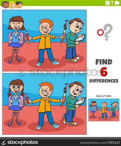 Cartoon illustration of finding the differences between pictures educational game with elementary age students