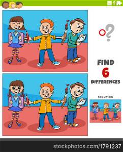Cartoon illustration of finding the differences between pictures educational game with elementary age students