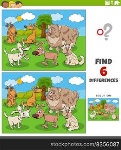 Cartoon illustration of finding the differences between pictures educational game with funny dogs animal characters group