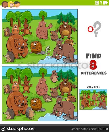 Cartoon illustration of finding the differences between pictures educational game with funny wild animal characters group