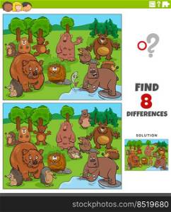 Cartoon illustration of finding the differences between pictures educational game with funny wild animal characters group