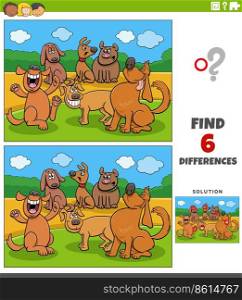Cartoon illustration of finding the differences between pictures educational game with funny dogs animal characters group
