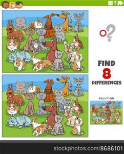 Cartoon illustration of finding the differences between pictures educational game with funny dogs and cats and rabbits animal characters group