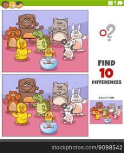Cartoon illustration of finding the differences between pictures educational game with funny domestic pets animal characters group