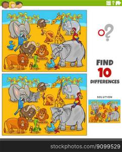 Cartoon illustration of finding the differences between pictures educational game with funny Safari animal characters group