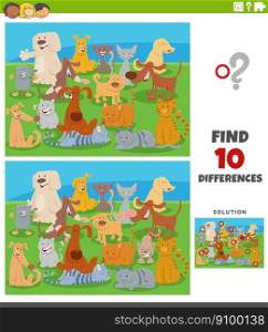 Cartoon illustration of finding the differences between pictures educational game with funny cats and dogs characters