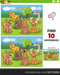 Cartoon illustration of finding the differences between pictures educational game with funny dogs comic animal characters group