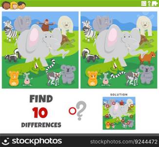Cartoon illustration of finding the differences between pictures educational game with funny animal characters