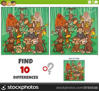 Cartoon illustration of finding the differences between pictures educational game with funny monkeys characters