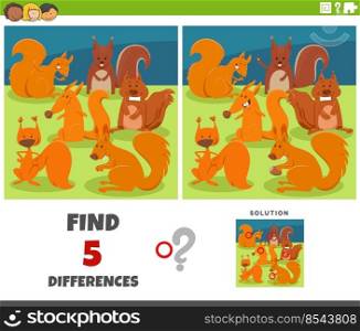 Cartoon illustration of finding the differences between pictures educational game with funny squirrels animal characters