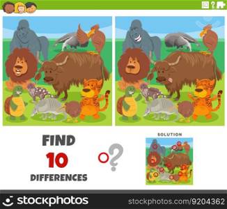 Cartoon illustration of finding the differences between pictures educational game with funny wild animal characters