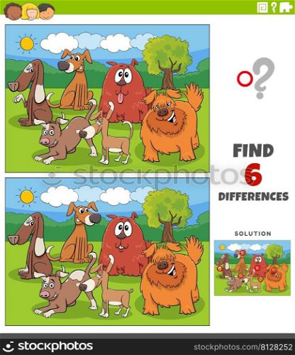 Cartoon illustration of finding the differences between pictures educational game with happy dogs animal characters group
