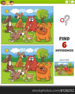 Cartoon illustration of finding the differences between pictures educational game with happy dogs animal characters group
