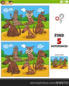Cartoon illustration of finding the differences between pictures educational game with happy dogs animal characters group in the park