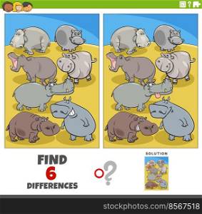Cartoon illustration of finding the differences between pictures educational game with hippos wild animal characters