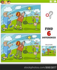 Cartoon illustration of finding the differences between pictures educational game with kids characters playing in the park
