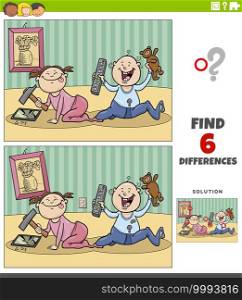 Cartoon illustration of finding the differences between pictures educational game with little girl and boy babies characters