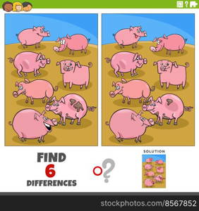 Cartoon illustration of finding the differences between pictures educational game with pigs farm animal characters