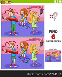 Cartoon illustration of finding the differences between pictures educational game with students children
