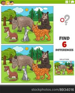 Cartoon illustration of finding the differences between pictures educational game with wild animal characters group