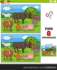 Cartoon illustration of finding the differences between pictures educational task for children with farm animal characters group