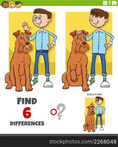 Cartoon illustration of finding the differences between pictures educational task with boy and his dog