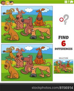 Cartoon illustration of finding the differences between pictures educational task with funny dogs animal characters group
