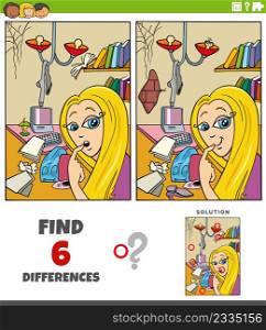 Cartoon illustration of finding the differences between pictures educational task with girl and mess in her room