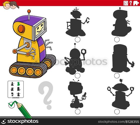 Cartoon illustration of finding the rightπcture to the shadow educational game forχldren with funny robot character