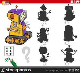 Cartoon illustration of finding the rightπcture to the shadow educational game forχldren with funny robot character
