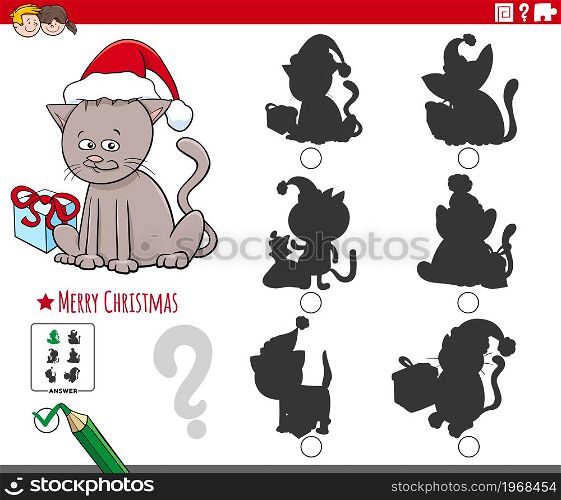 Cartoon illustration of finding the right picture to the shadow educational game for children with cat character on Christmas time