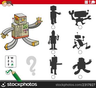 Cartoon illustration of finding the right picture to the shadow educational game for children with robots characters