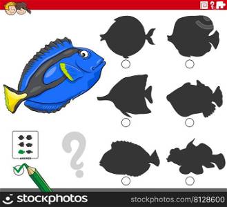 Cartoon illustration of finding the right picture to the shadow educational game for children with fish animal character