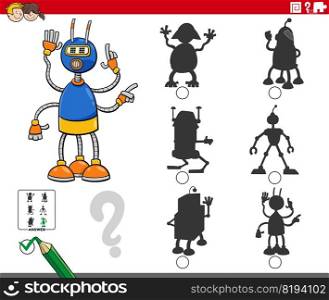 Cartoon illustration of finding the right picture to the shadow educational game for children with funny robot character