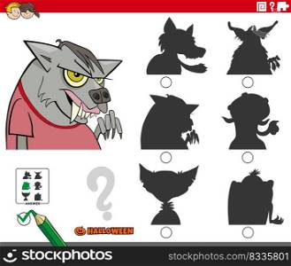 Cartoon illustration of finding the right picture to the shadow educational game with werewolf character on Halloween time
