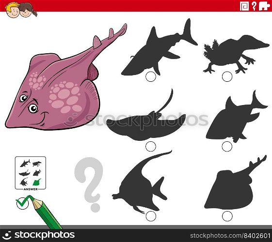 Cartoon illustration of finding the right picture to the shadow educational game for children with xyster fish or guitarfish animal character