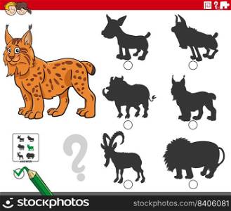 Cartoon illustration of finding the right picture to the shadow educational game with lynx animal character