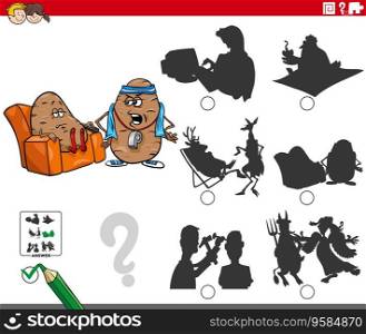 Cartoon illustration of finding the right picture to the shadow educational game with couch potato saying