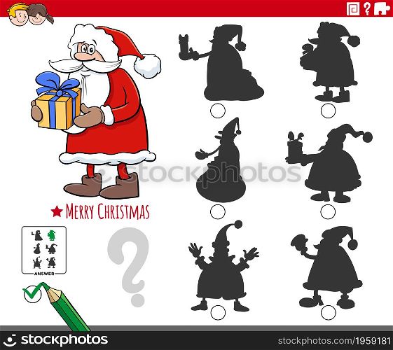 Cartoon illustration of finding the right picture to the shadow educational task for children with Santa Claus Christmas character