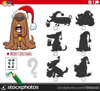 Cartoon illustration of finding the right picture to the shadow educational task for children with dog character on Christmas time